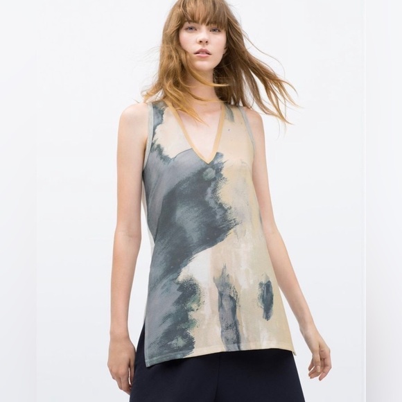 Zara Watercolor Print V-Neck Flowy Tank Size M - Picture 1 of 13